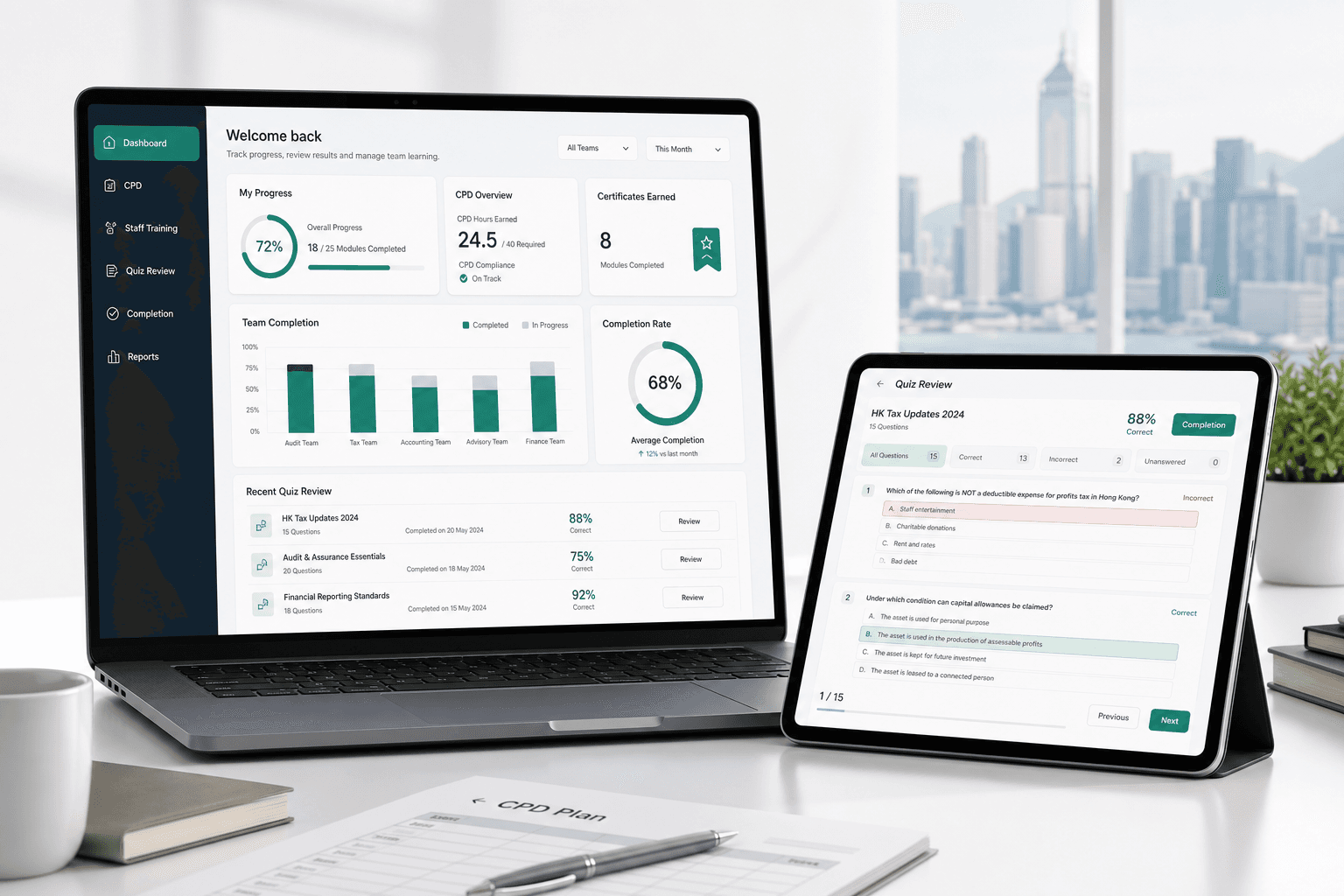 Corporate training quiz dashboard with CPD progress and completion analytics
