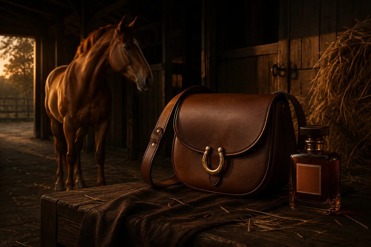 A chestnut horse in a warm, dark stable behind a cognac saddle bag with a brass horseshoe clasp and an amber perfume bottle