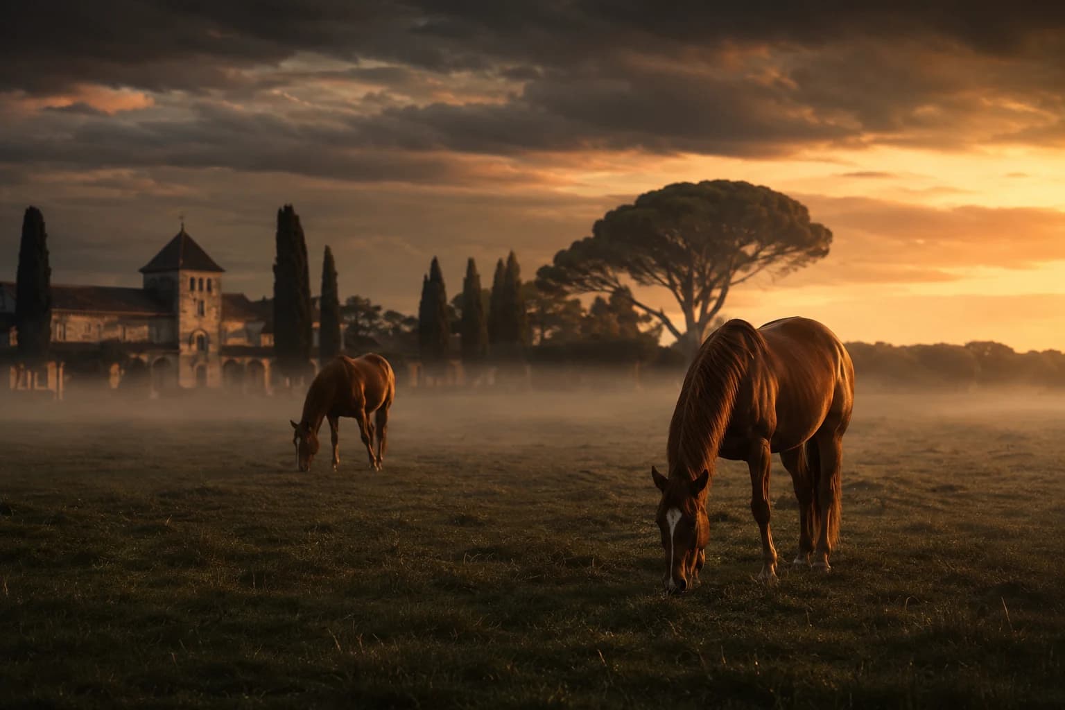 Chestnut horses grazing in an olive-green meadow near a limestone stable at dusk