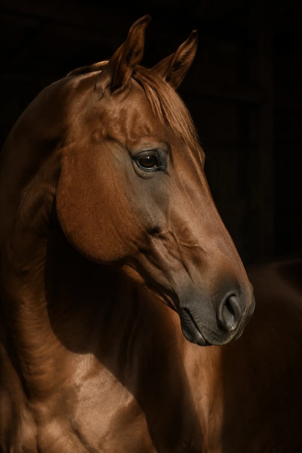 An intimate chestnut horse portrait with warm light tracing its face against a dark stable