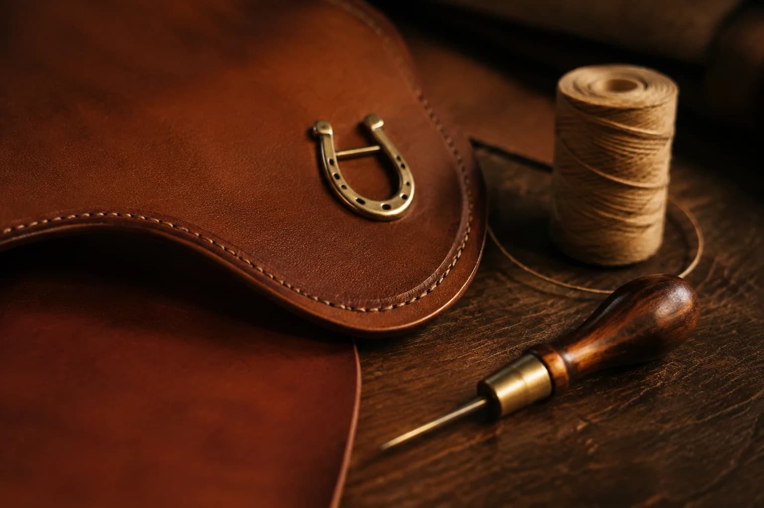 Cognac saddle leather, linen stitching, brass horseshoe hardware and saddler tools on dark oak