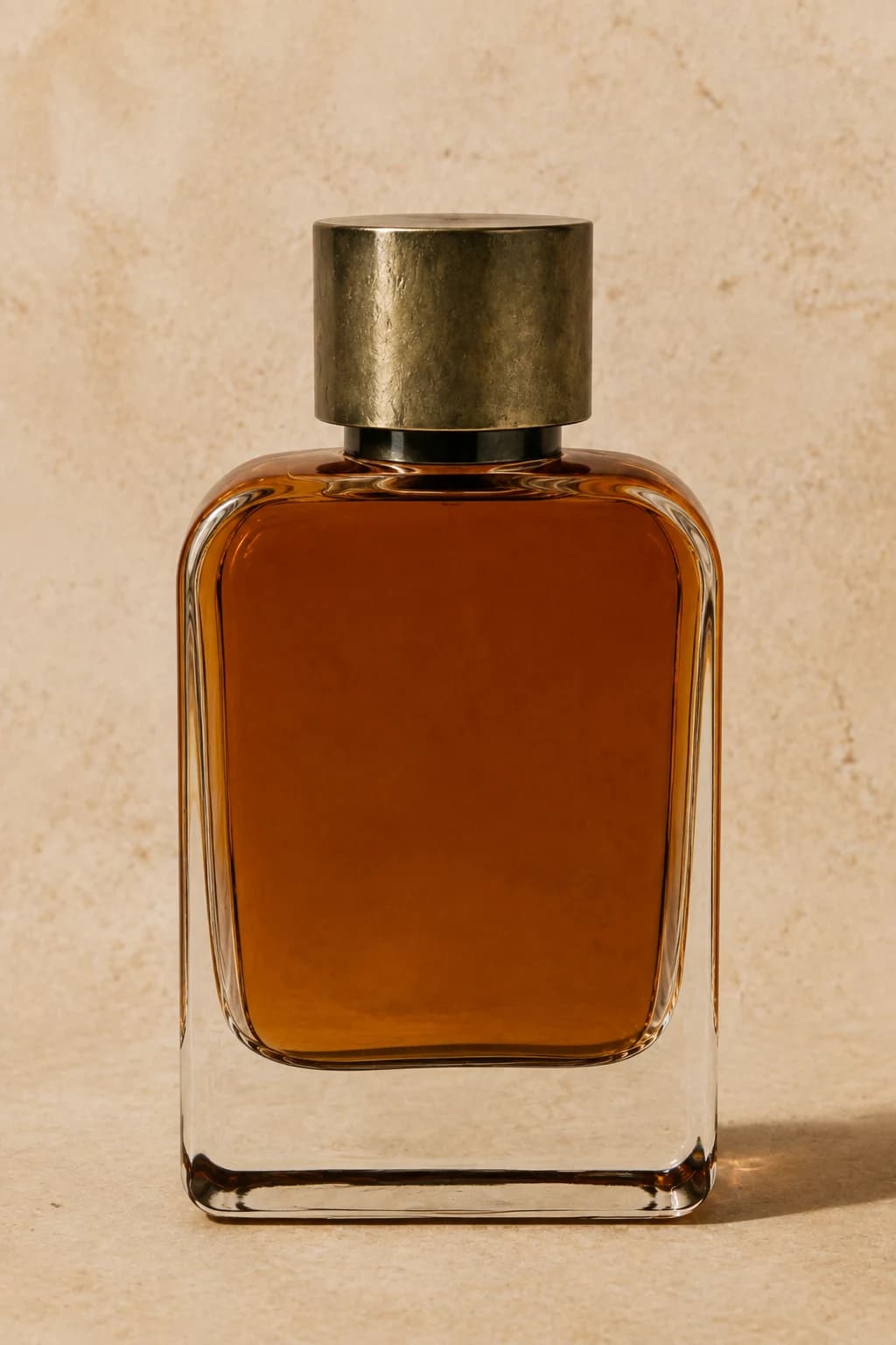 Amber perfume bottle with rounded glass shoulders, a heavy transparent base and a brushed brass cap