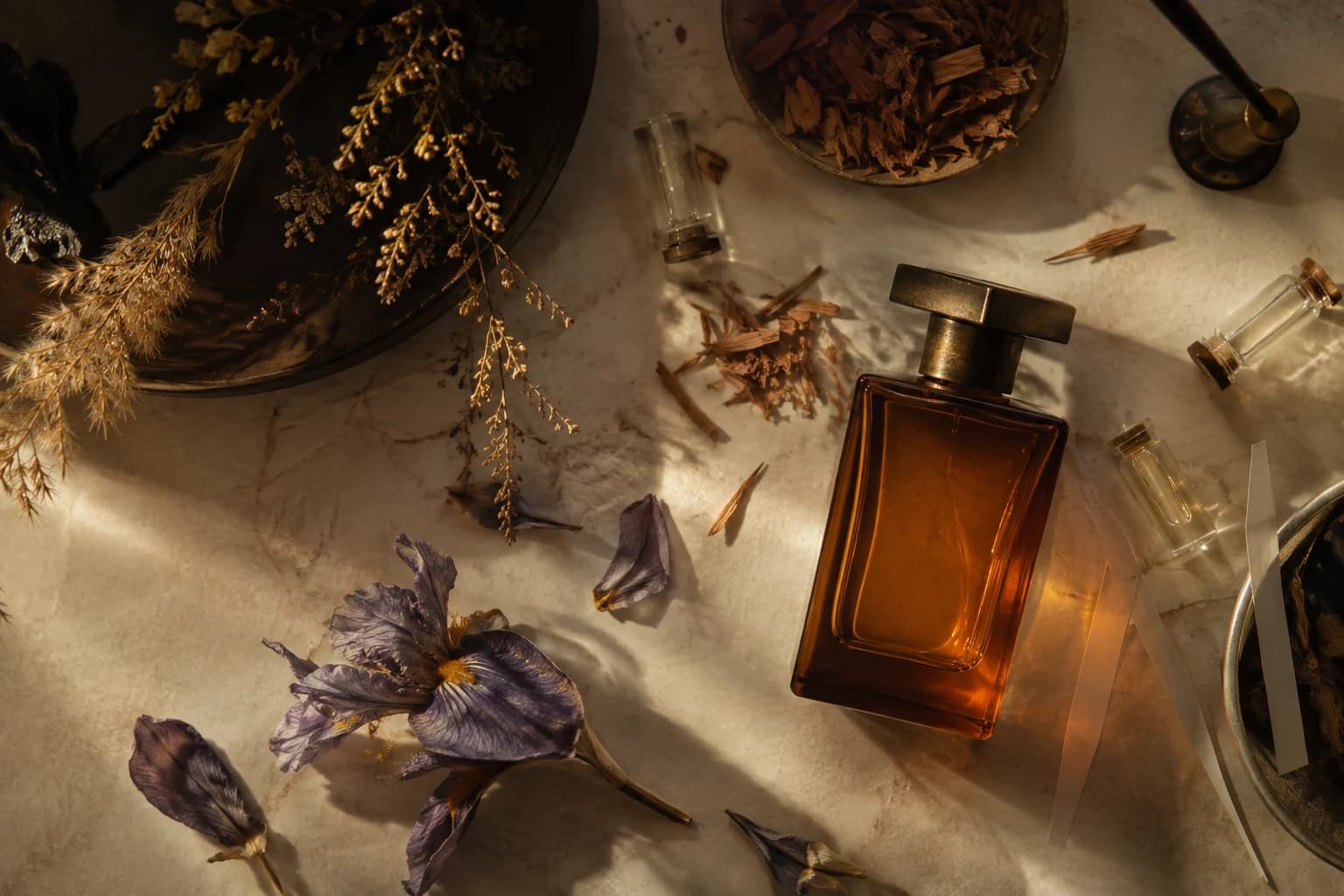 Amber perfume, iris petals, cedar shavings and scent strips arranged on pale limestone