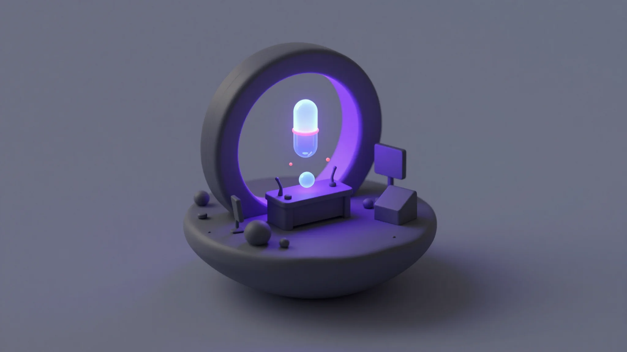 A glowing prompt capsule inside a dark miniature creative studio